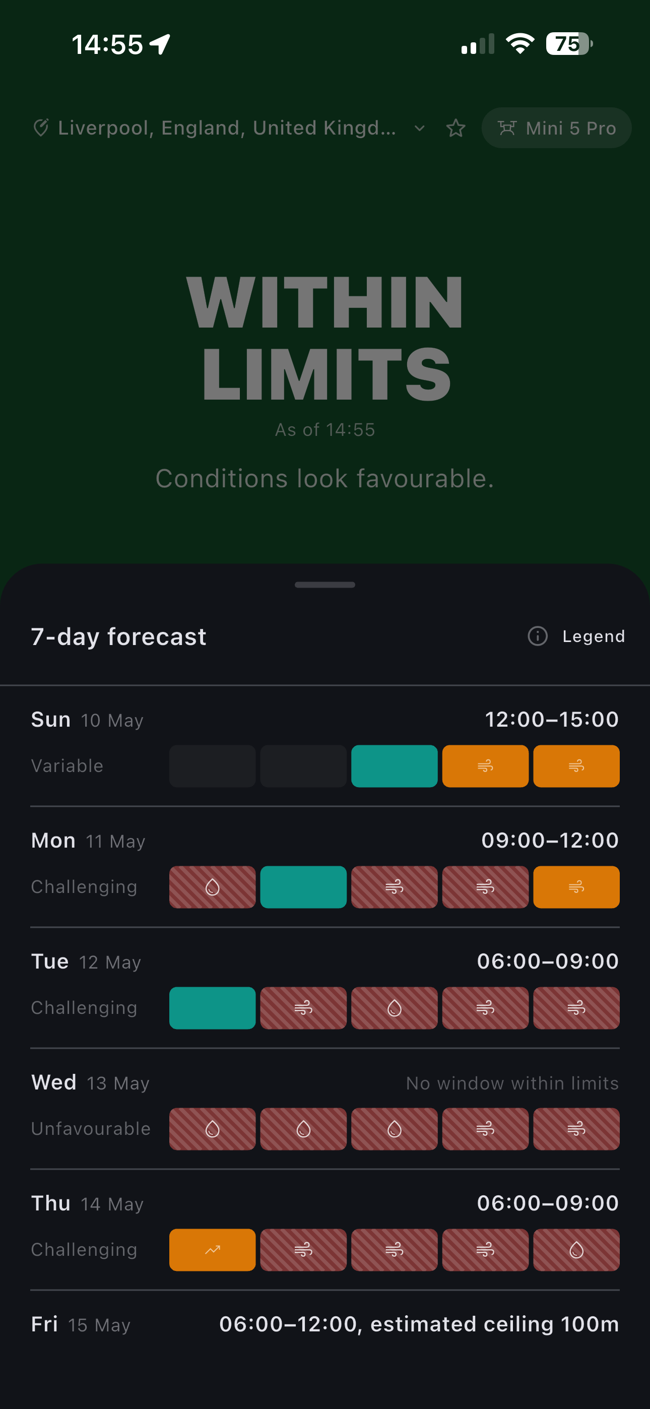 Seven-day forecast showing colour-coded flying conditions across the week