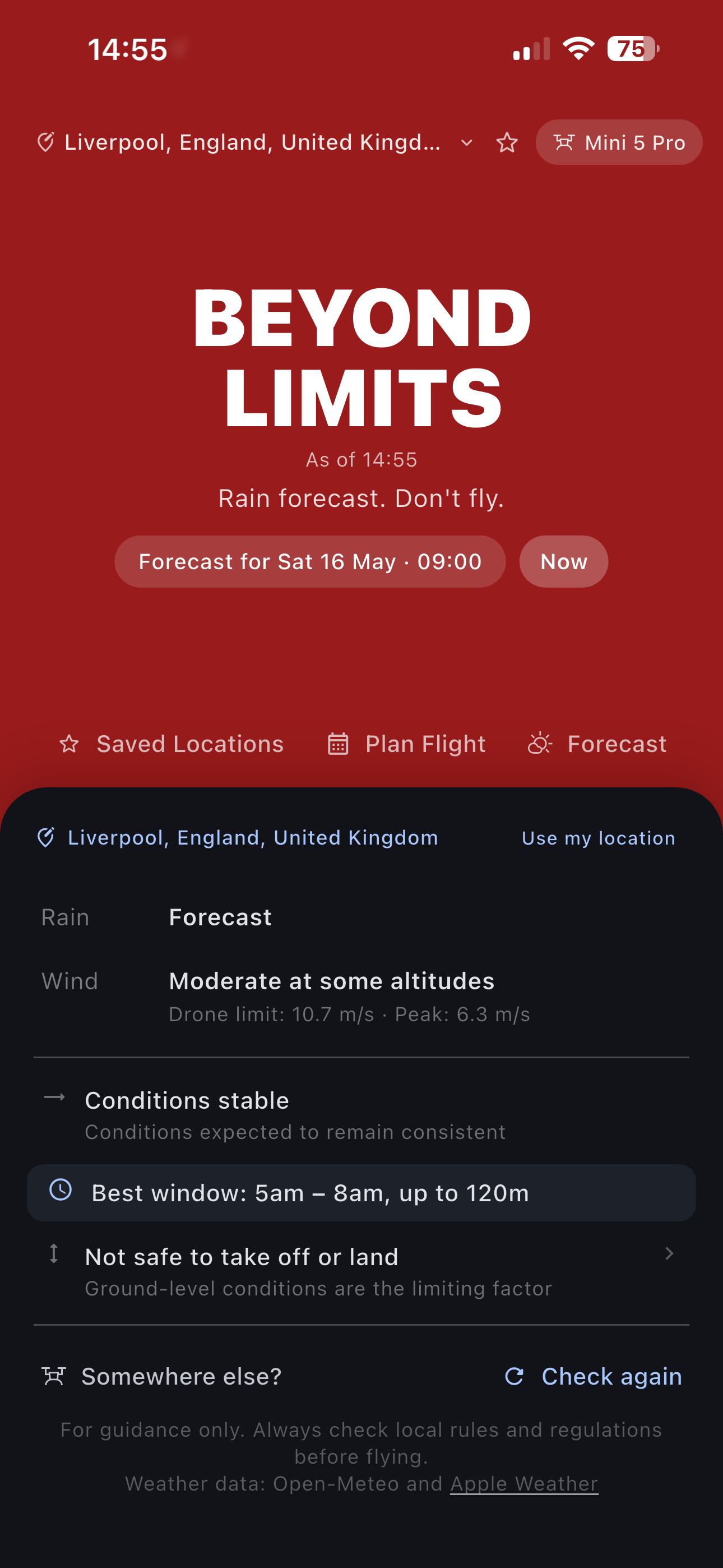 Flight planning screen showing best window and condition summary